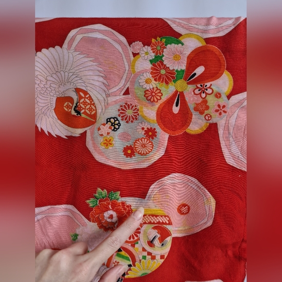 Vintage red japanese kimono, floral crane print, red pink green, handmade - Picture 4 of 14